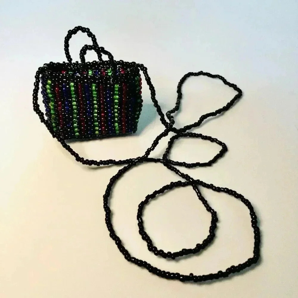 Vintage Black Mini Micro Beaded Double Handle Long Purse Crossbody Sling Bag
